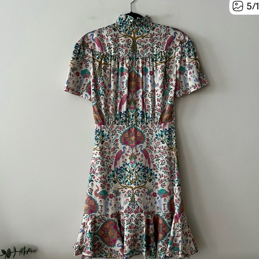 NEW Sandro Asymmetrical Satin Twill Pink/Cream Paisley Floral Mini Dress Sz 2 - Picture 3 of 7